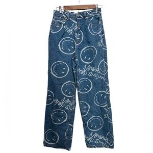 Smiley x H&M Women’s High Rise Straight Leg Jeans No Stop Smiling Print Size 4